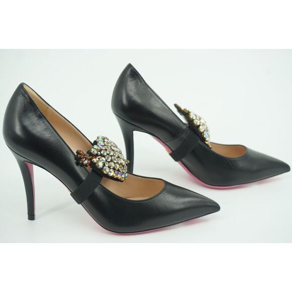 Gucci Black Leather Virginia 95 Crystal Heart Pump Size 38 NIB $1280 Pointy - Picture 5 of 12